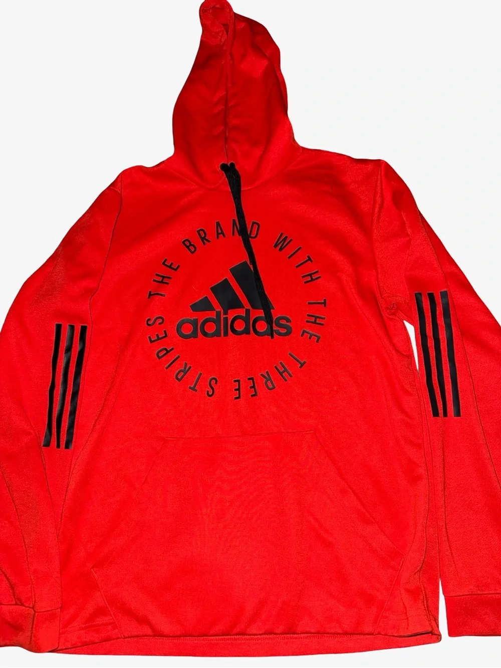adidas men’s Red Hoodie with Black Logo and Sleeve Stripes size M